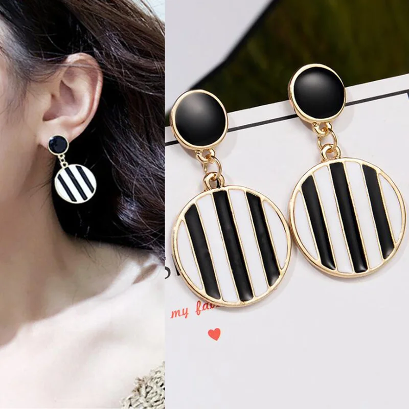 

ES169 Round Earrings For Women 2019 New Fashion Jewelry Simple Black White Stripe Brincos Oorbellen Drip Oil Drop Earrings Gifts