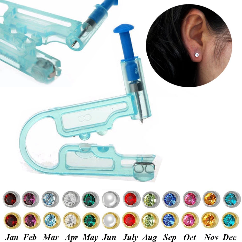 

1Pc Asepsis Safe Sterile Ear Piercing Tool Unit with Ear Stud 4mm CZ Birthstone Stud Bezel Disposable Body Ear Pierce Gun Kit