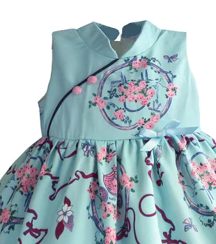 Chinese Style Girls Dresses Light Blue Retro Flora Kids Dress Silk Satin Princess Kids Dress Children Clothes Costume for 1-8T 3