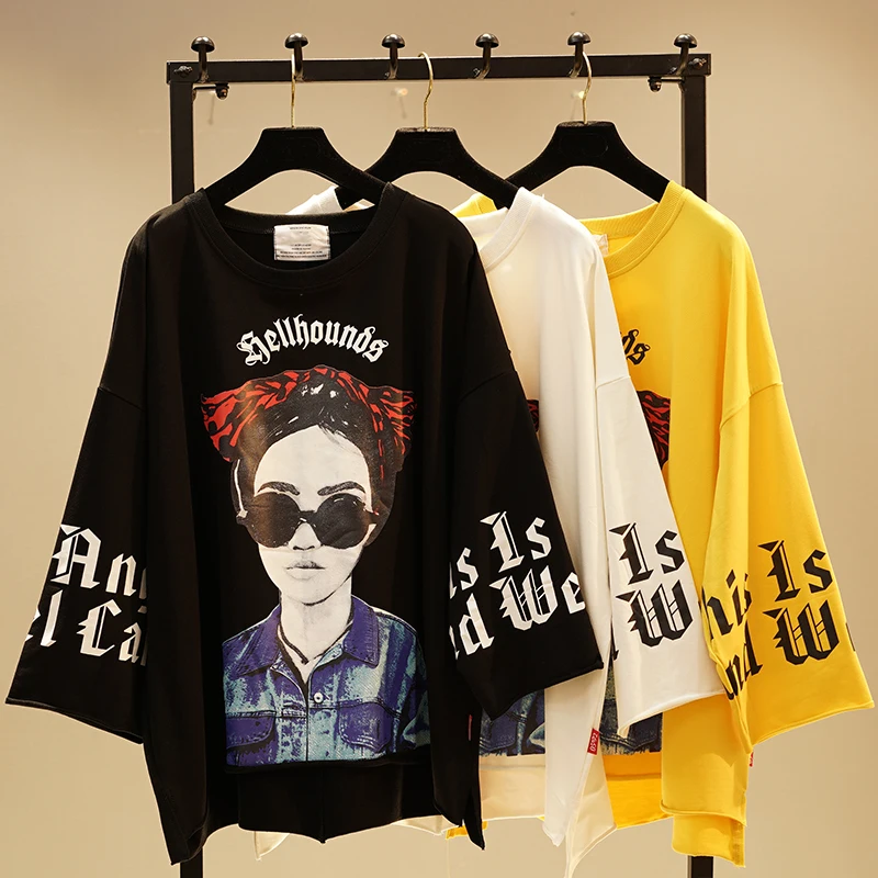 

Student's Cartoon Printed Harajuku Tops Plus Size Casual Loose Long Pullovers Spring New Irregular Full Sleeve Tshirt