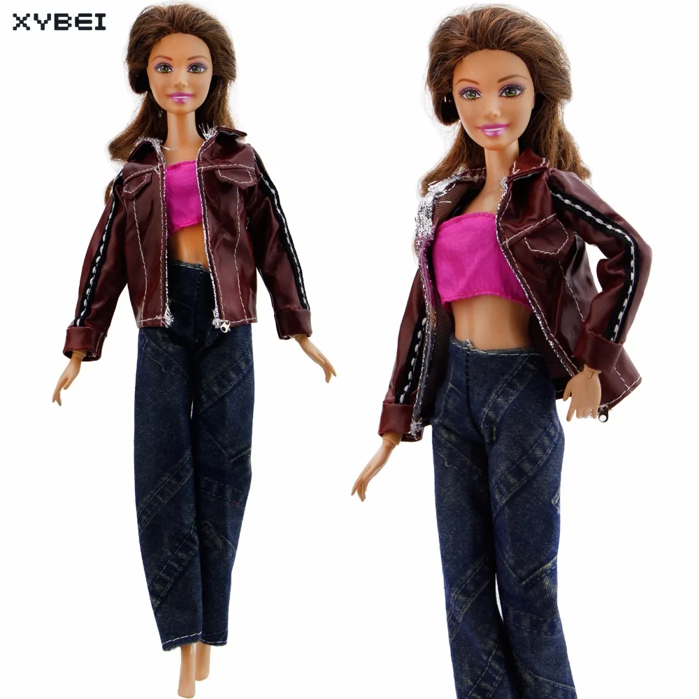 

High Quality Outfit Daily Casual Wear Cool Red Leather Coat Strapless Shirt Trousers Clothes For Barbie Doll Accessories Gifts