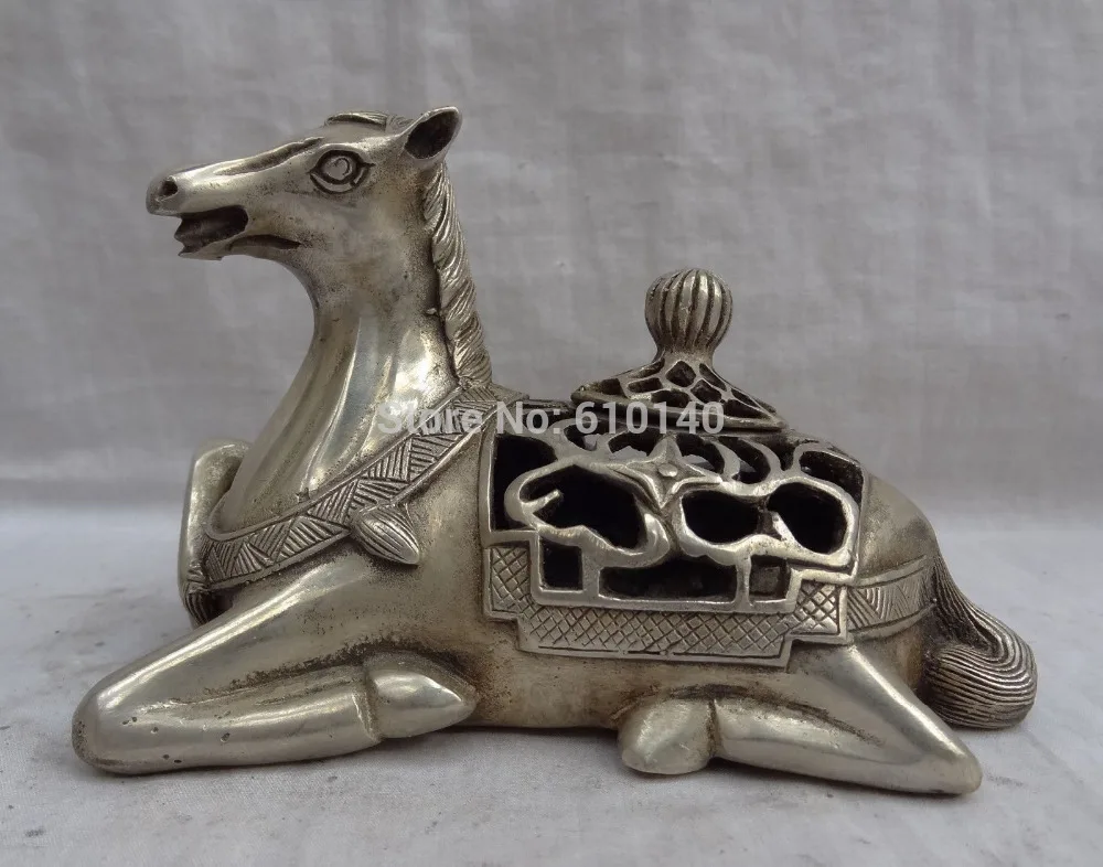 

Chinese Silver Flower Kneel Hollow Horse Statue Bronze Incense Burner Censer