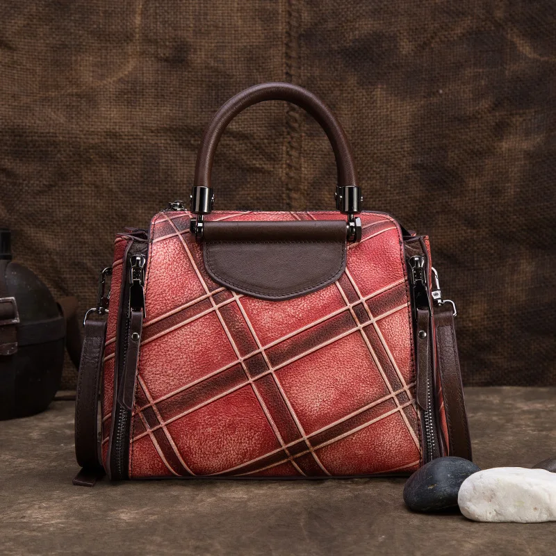 

EUMOAN Leather retro fashion wild embossed hand-brushed first layer cowhide portable diagonal cross bag