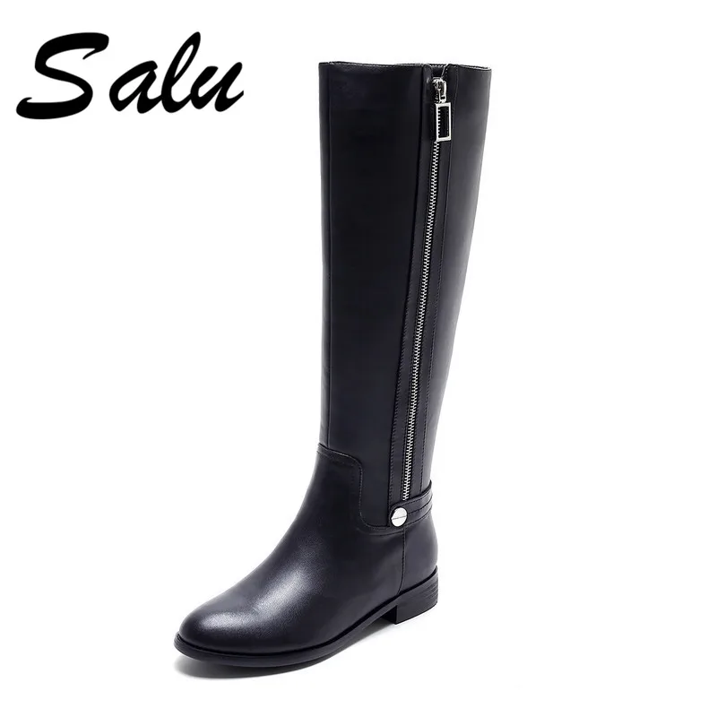 

Salu 2018 New genuine leather high boots black shoes woman winter sexy square heels round toe zip big size 9 10 11