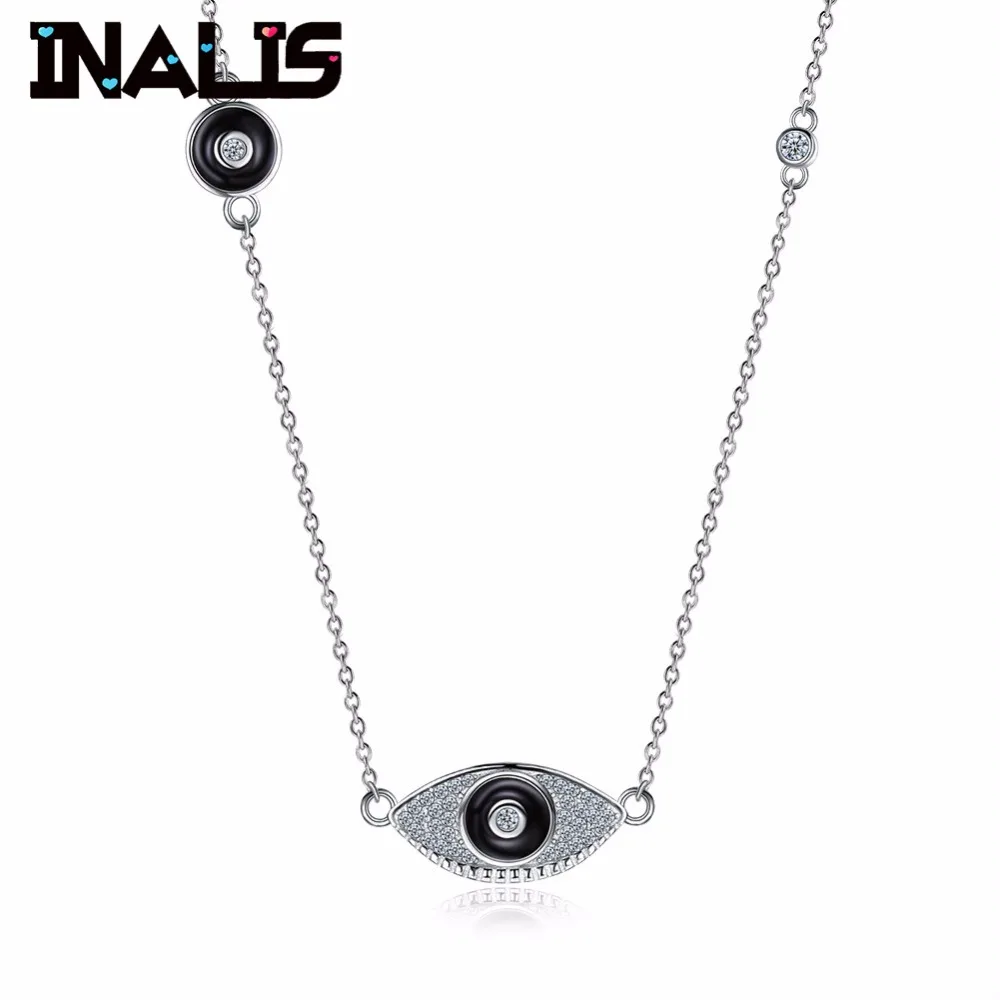 

INALIS Unique 925 Sterling Silver Charming Chain Necklace Micro Paved CZ Crystal with Black Ceramics Eye Pendant for Women