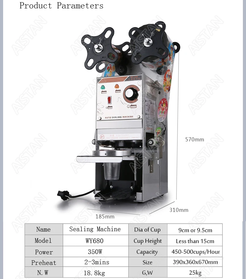 WY680 Plastic Paper Bubble Tea Cup Sealer Machine Semi-automatic Cup Sealing Machine Electric Sealers
