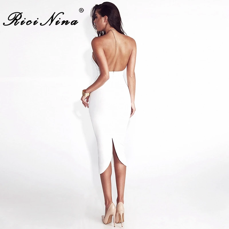 RICININA New Summer Dress Women Halter Sleeveless Backless Mid-Calf Slim Sexy Bodycon Dress Lady Party Bandage Dresses Vestidos
