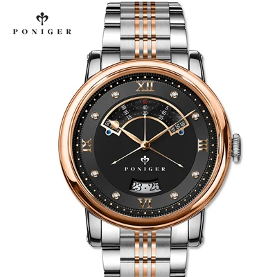 Швейцарский люксовый бренд PONIGER Мужские часы Япония NH35A автоматические механические часы MOVT мужские часы с двойным циферблатом сапфировые часы P719-4 - Цвет: Item 9