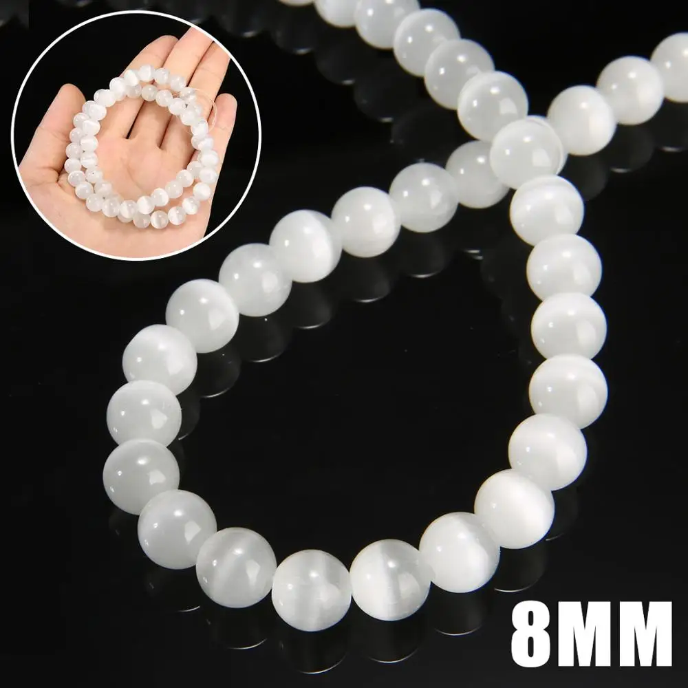 

New 8mm Round Stone Beads White Cat Eye Beads Strand Jewelry Making DIY Loose Bead Bracelet Necklace 37-39cm Length