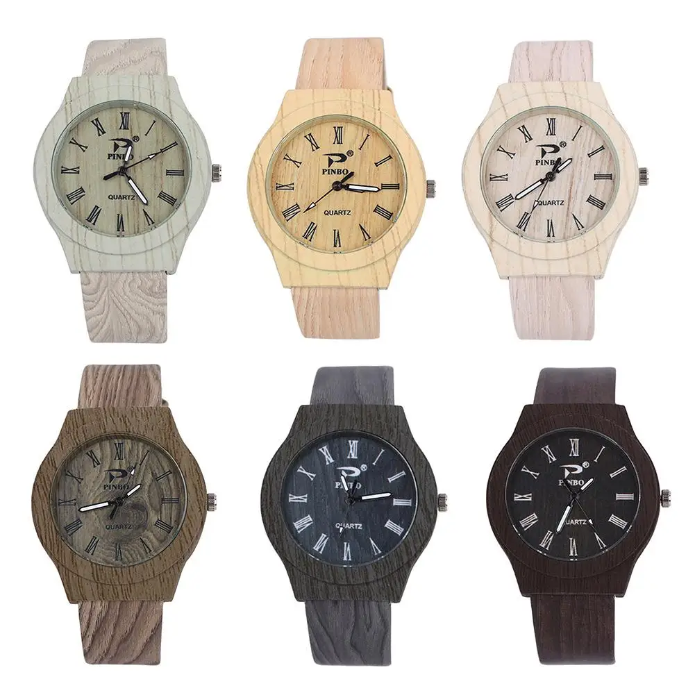 

2019 Men Roman Numbers Round Dial Wood Grain Faux Leather Band Quartz Wrist Watch