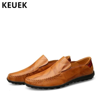 

Spring Autumn Men Casual leather shoes Genuine leather Slip-On Flats Soft Comfortable Male Driving shoes Plus size Loafers 02A