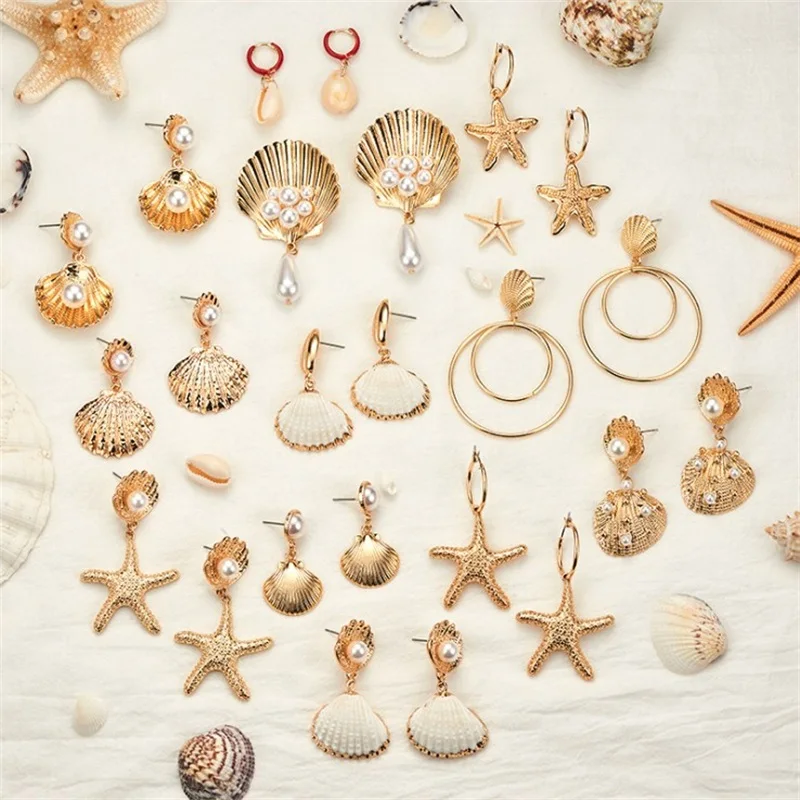 

Fashion Design Shell Metal Gold Geometric Earrings Irregular Circle Square Freshwater Pearl Natural Drop Earrings for Women Girl
