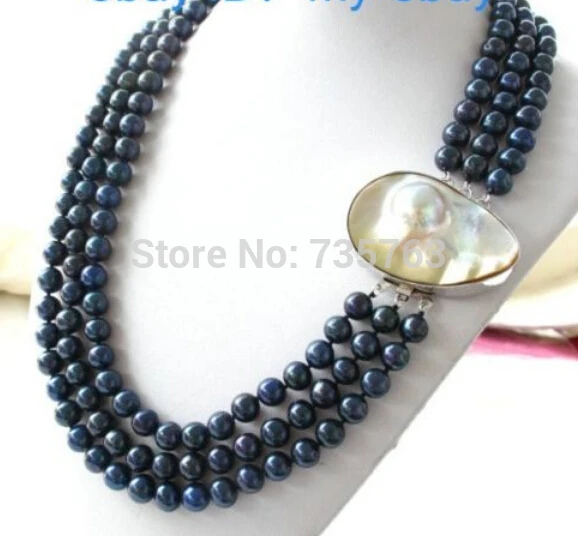 

HOT 0014304 3Strands Blue Round Freshwater Pearl Necklace Big Mabe Clasp