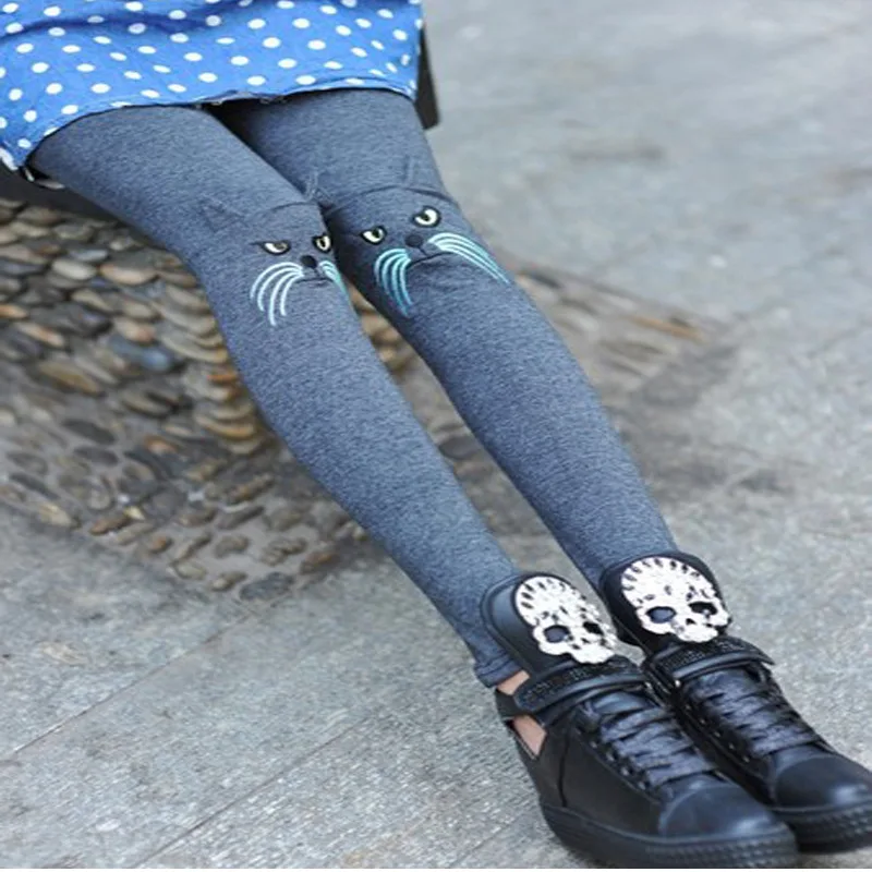 

spring autumn fashion blend cotton pants girl lovely cute cat Leggings for lady black red gray patchwork embrodery pants