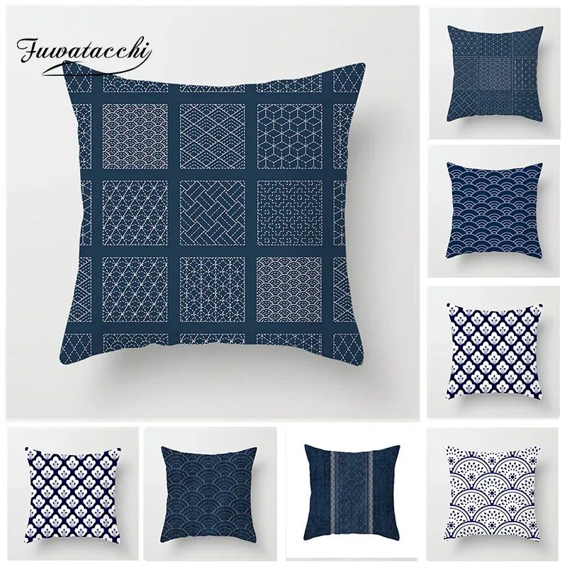 

Fuwatacchi Blue Wave Cushion Cover Square Geometric Painting Pillow Case Home Decorative Ethnic Style Pillow Cover For Sofa Seat