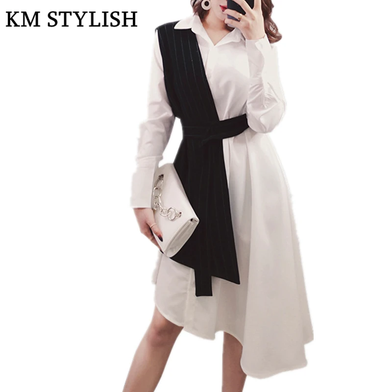 2018 Autumn New Tie-up Belt Waist Long section Irregular Black & White Shirt Dress Two-piece Women's Clothing Explosion Dresses
