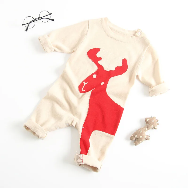 Koop Hoge kwaliteit 2018 baby jongen hond herten herten patroon katoen gewaden mannen en vrouwen baby leuke dierlijke zachte gebreide een stuk romper