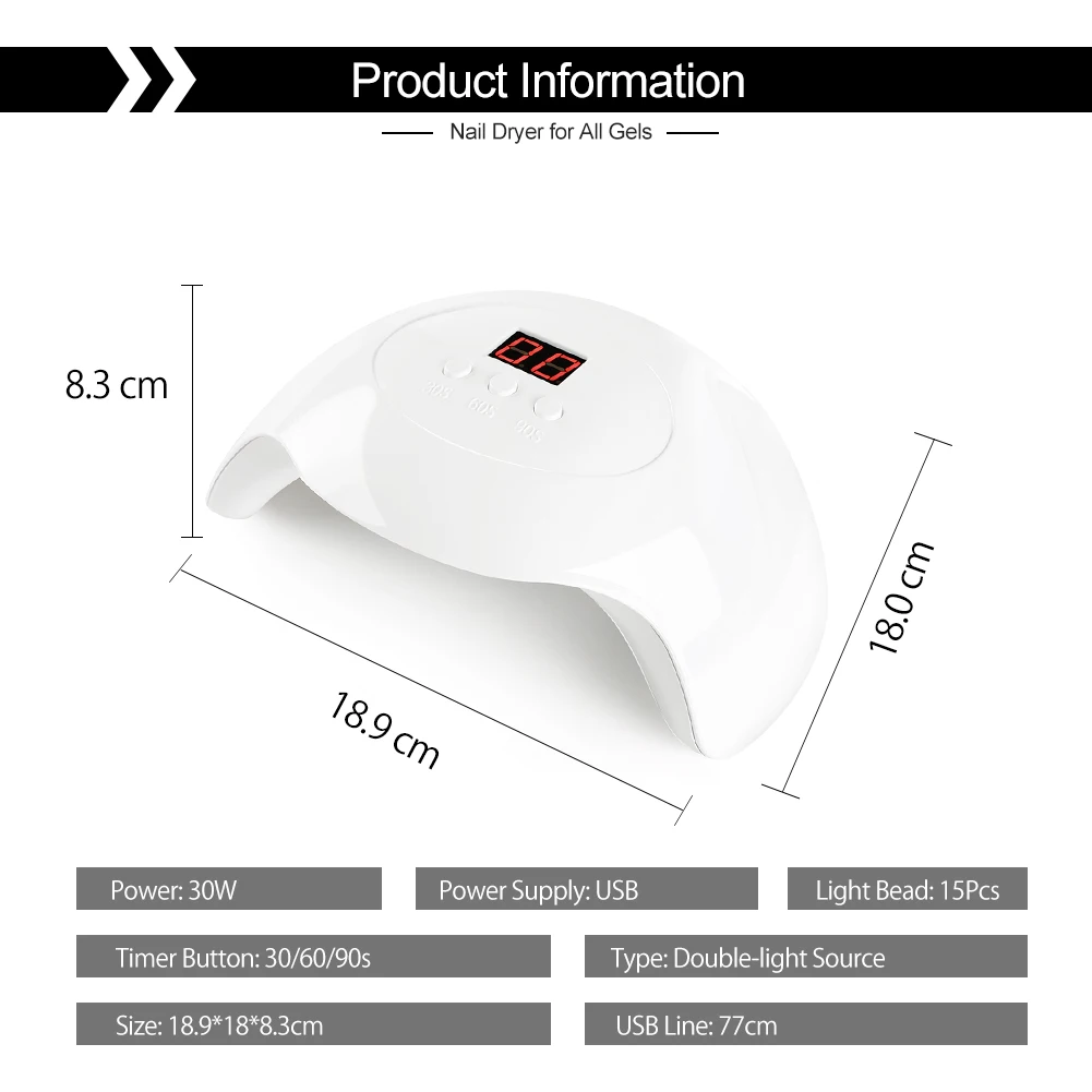 30 Вт Светодиодный УФ-лампа Сушилка для ногтей Белый Двойной источник питания светодиодный цифровой экран USB лампа сушка всех гелей лак профессиональные DIY Инструменты