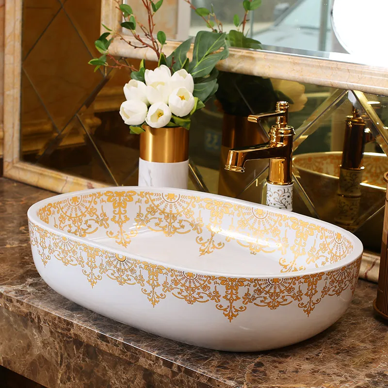 Oval Luxurious Golden Pattern Ceramic Art Basin Sinks Counter Top