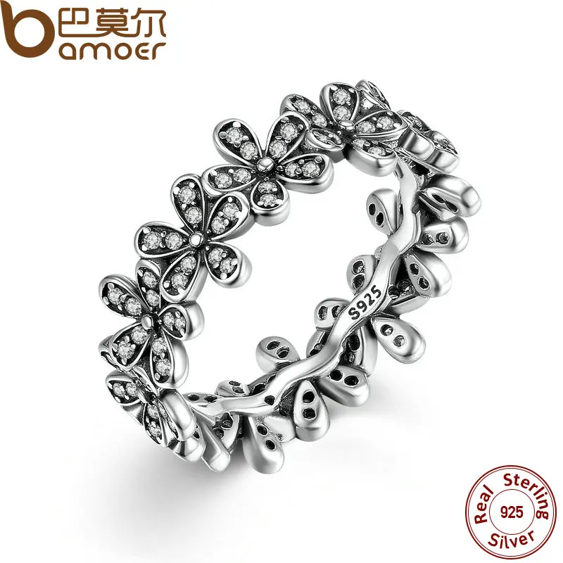 BAMOER Authentic 100 925 Sterling Silver Flowers Finger Rings With Clear CZ For Women Wedding Jewelry