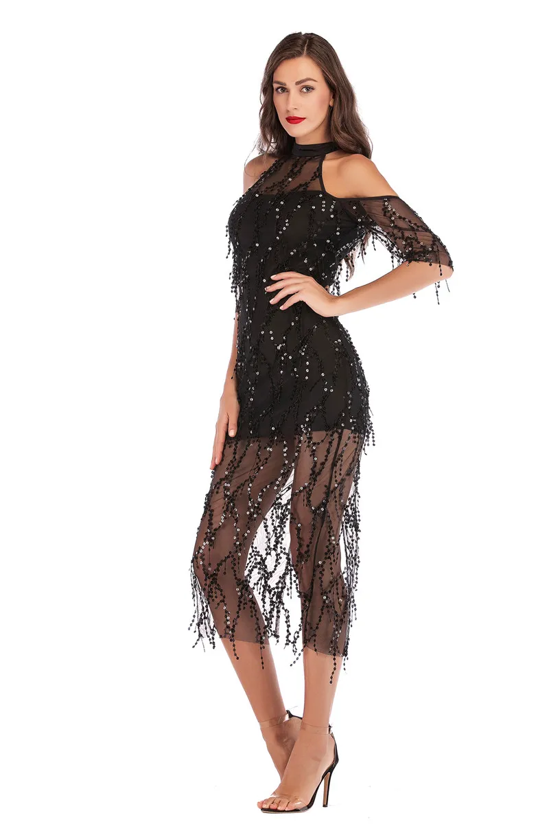 Elegant Halter Neck Off Shoulder Tassel Sequin Dress in Cocktail Dresses