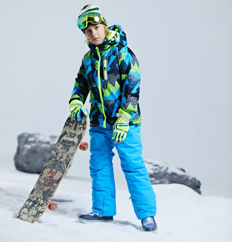 30 градусов лыжные костюмы для детей Лыжная куртка и штаны для катания на сноуборде для детей костюм Сноубординг куртка брюки для мальчиков на зиму, зимняя одежда - Цвет: blue
