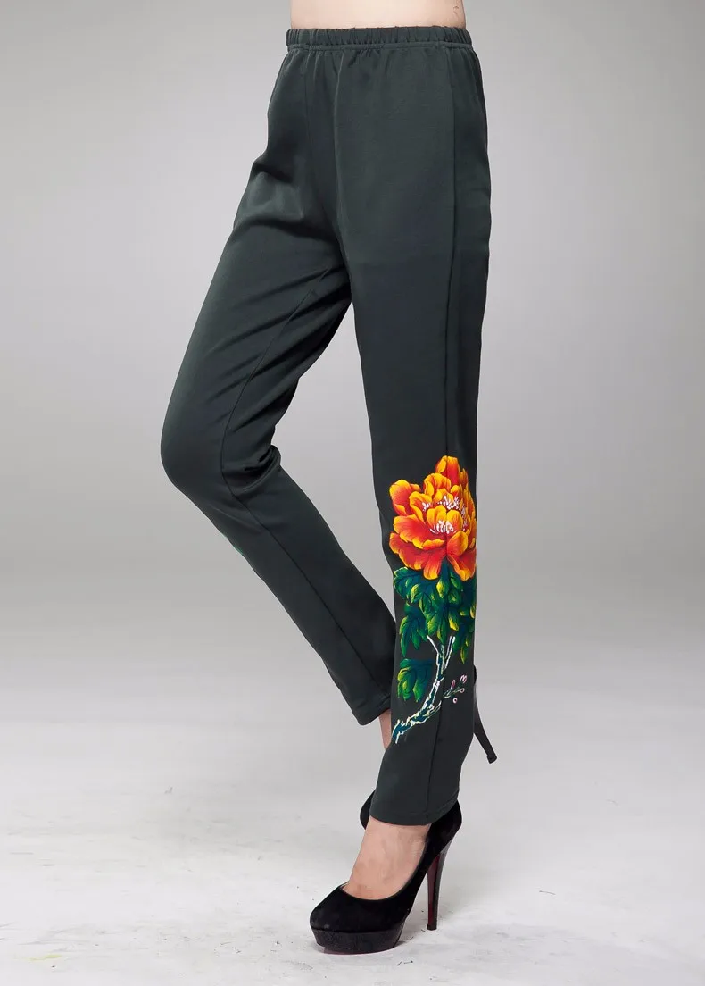 2016 Для женщин Большие размеры Китай Стиль Ручная краски пят штаны на флисе Национальный Ветер высокая талия Стрейчевые узкие брюки trousers4XL