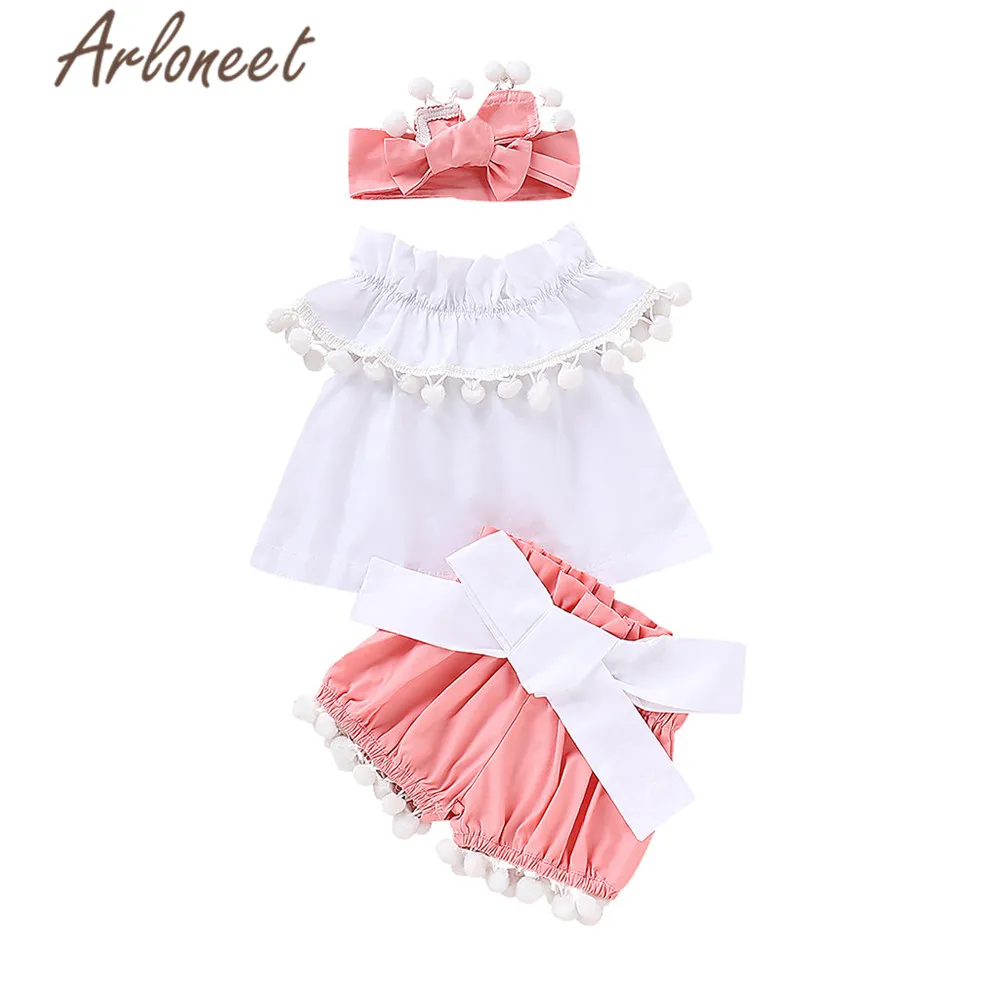 

ARLONEET Clothes Toddler Baby girl sleeveless Ruffles t shirt Vest Tops bow shorts Headband kids children girls summer outfits