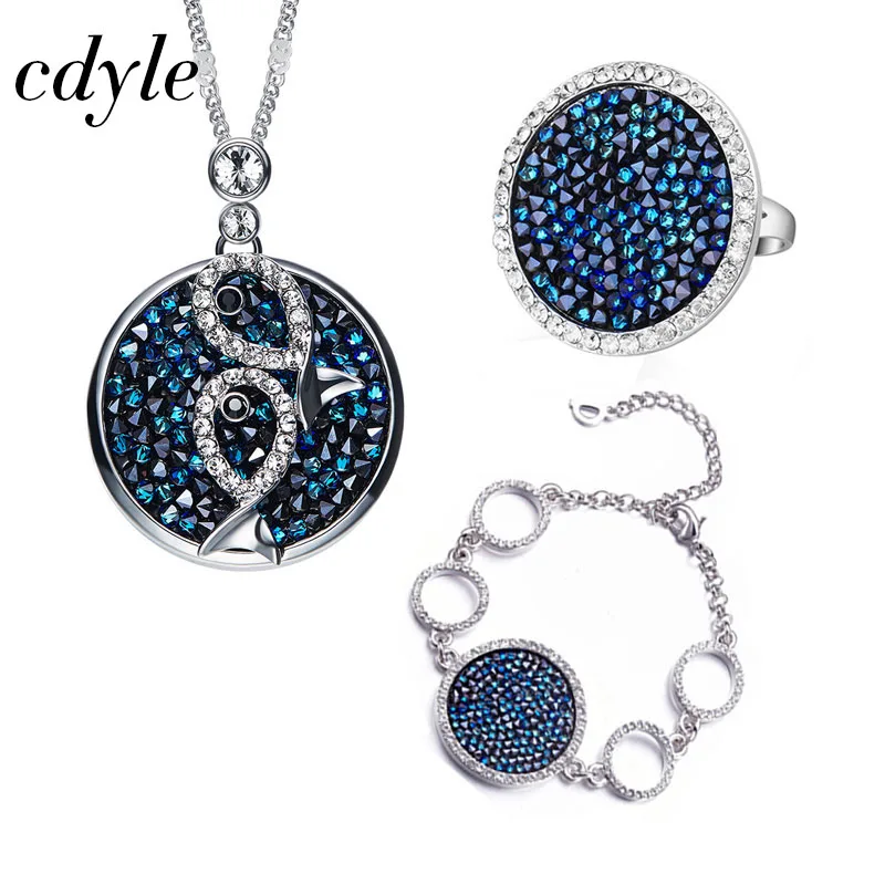 

Cdyle Fashion Jewelry Set Blue Gem Women Necklace Ring Bracelet Sets Crystals from Swarovski Bridal Jewellery Set Lady Bijoux