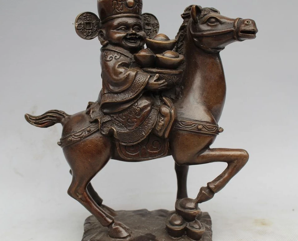 

8" Chinese Feng Shui Bronze Riding Horse Money Wealth Yuanbao God Mammon Statue