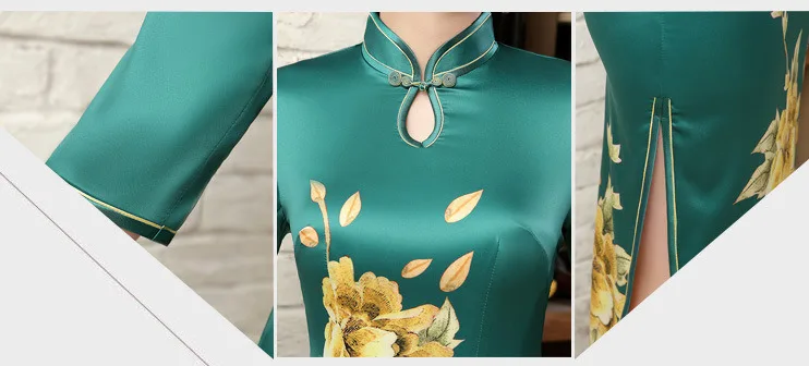 Шэн Коко шелк зеленый длинные Qipao атлас Cheongsam Половина рукава Chipao зеленый низ золотой цветок Длинные китайские платья Шанхай