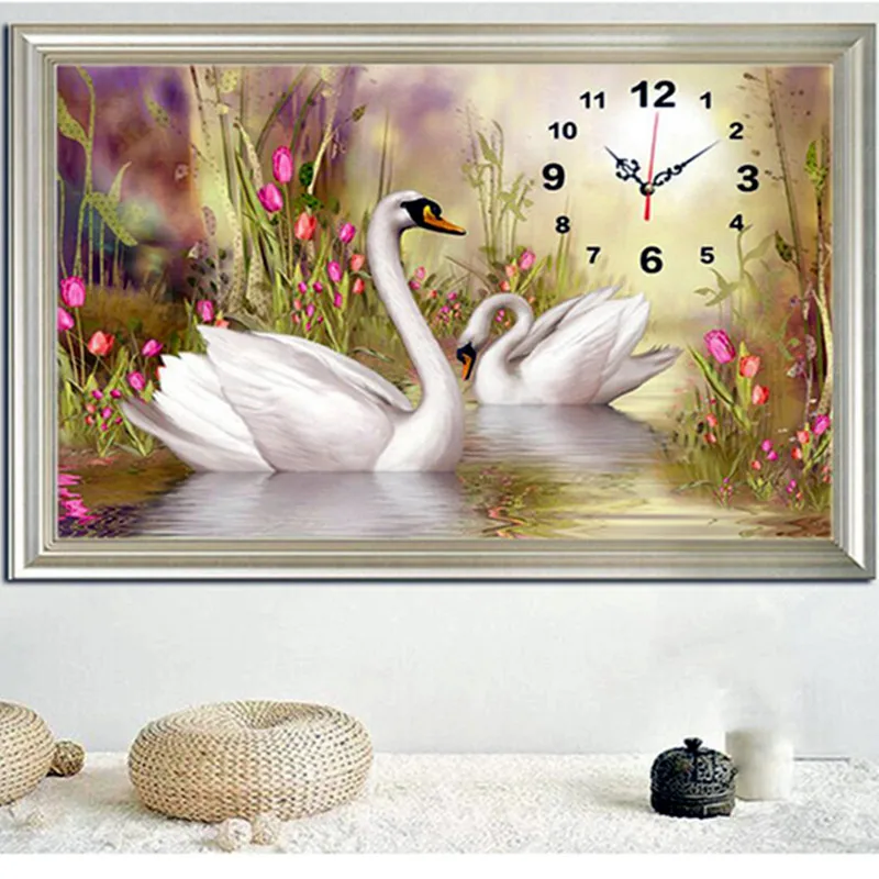 Diy 5d Diamond Paintings Swan Animal Clock Cross Stitch Needlework Full Drill Resin Rhinestones Mosaic Embroidery Wall | Дом и сад