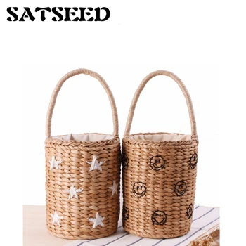 

Portable Bucket Woven Bag Totes Embroidery Stars Smile Face Straw Bag Summer Vacation Beach Bag