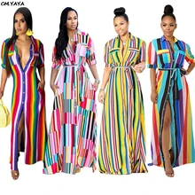 Новинка, женские блузки на пуговицах, в полоску, с коротким рукавом, с поясом, макси, блузы, рубашки, платья, богемные длинные платья, 4 цвета, vestidos TS836