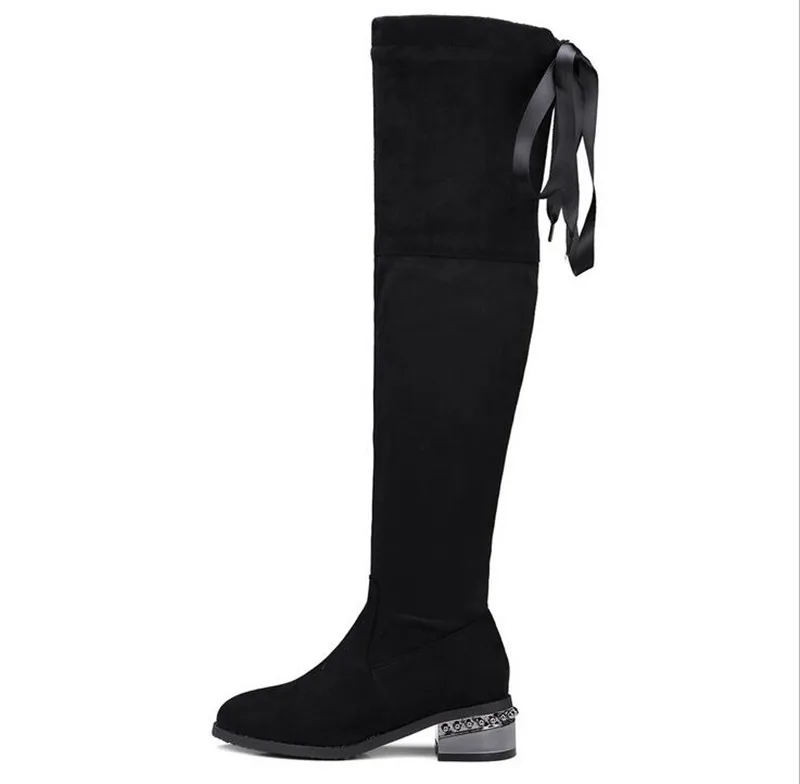 

2019 Winter Women Thigh High Boots Silk Ribbon Botas Rhinestone Med Heel Over-the-knee Boots Chaussures Femme Plus Size Eu 35-45
