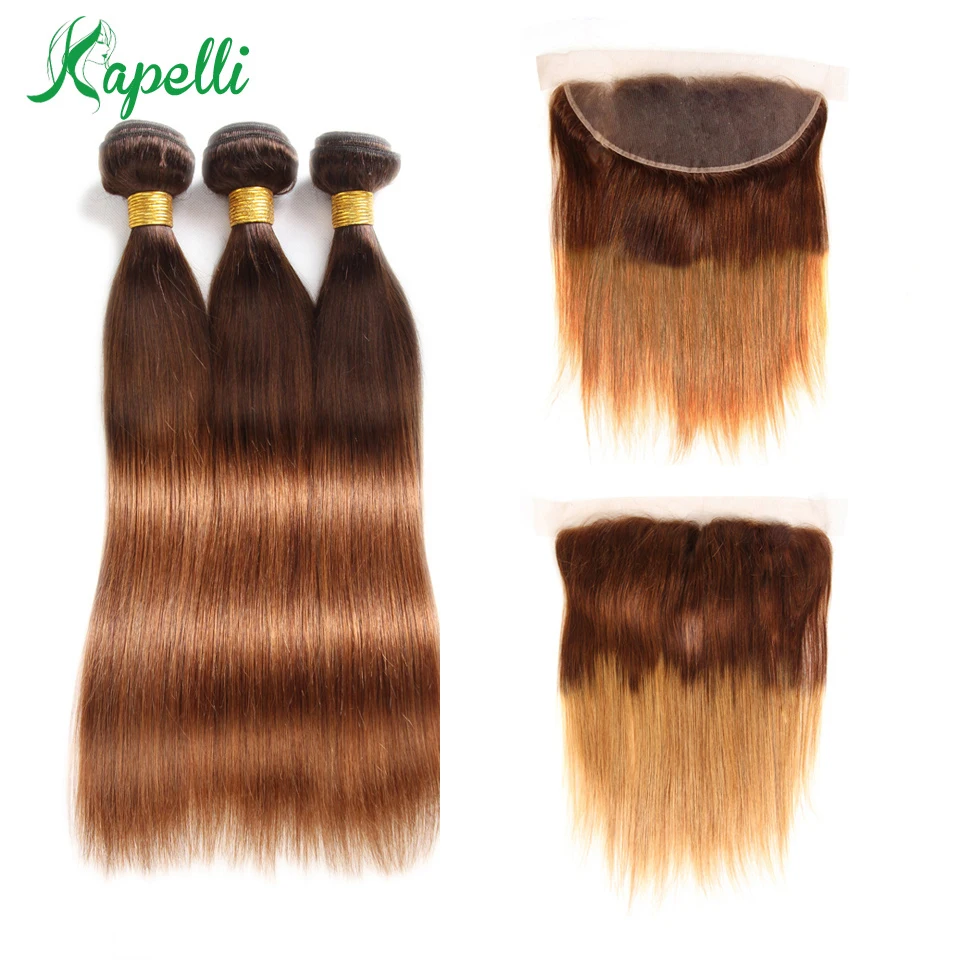 

Ombre Bundles With Frontal Brazilian Straight Hair 3 Blonde Bundles With Closure 13*4 T4/30 Human Hair Bundles Remy Hair Weave