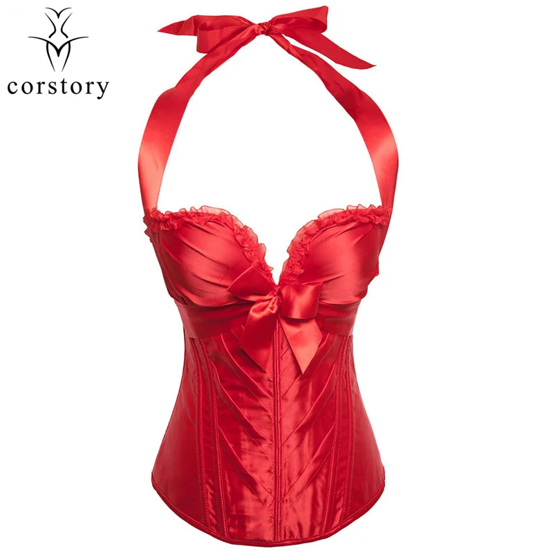 Corstory Sexy Joyful Red Satin Halter Overbust Corset With Lace Trim
