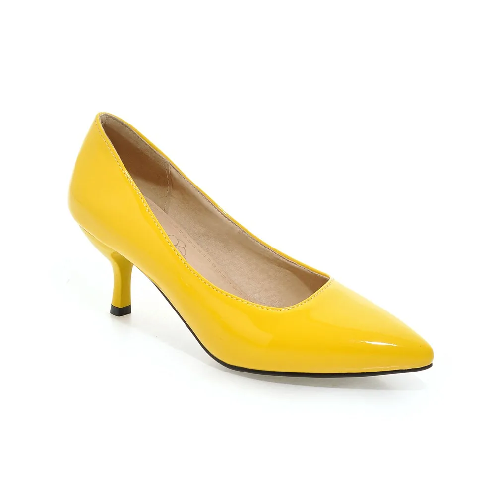 Новинка; Лидер продаж; 8 цветов; блестящие женские туфли-лодочки телесного цвета; большие размеры 12, 30, 48; цвет желтый, синий, красный, зеленый; пикантные женские свадебные туфли на среднем каблуке; AH051 - Цвет: Yellow