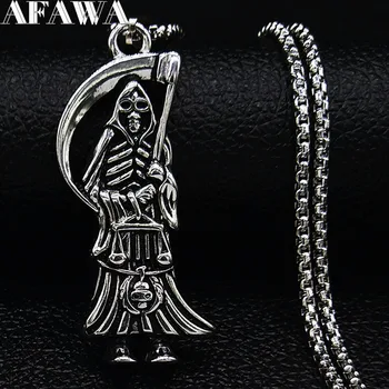 

2020 Gothic Grim Reaper Gothic Stainless Steel Long Statement Necklace Men Silver Color Necklace Jewelry cadena hombre N19159