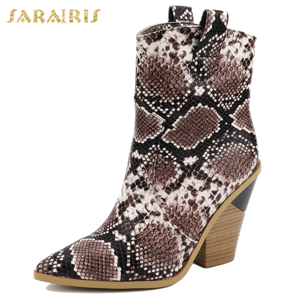 

2019 big Size 34-43 Vintage comfortable chunky Heels ankle Boots Women Shoes Slip On snake Western boots Shoes Woman