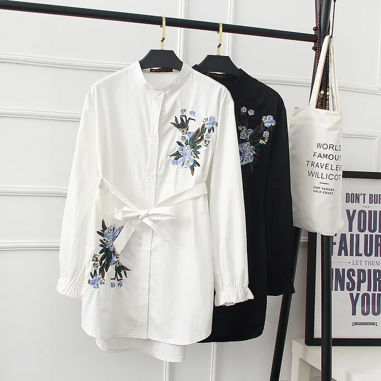 Ubetoku Зима Весна Женская хлопковая блузка женская цветочная вышивка рубашки длинный 6XL Плюс Размер Модная женская одежда