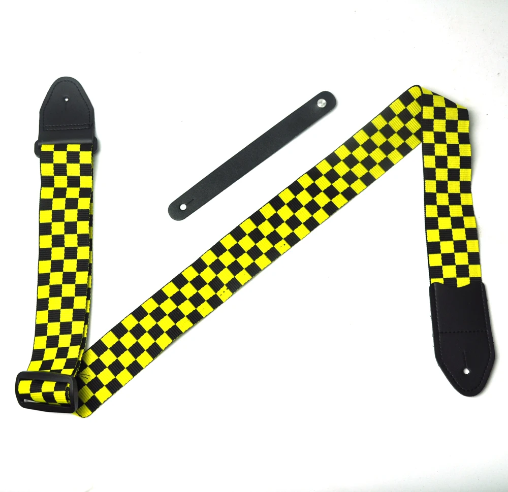 

Yellow Cotton Check Leather Head Guitar Strap 2" Wide + Leather Guitar Head Stock Strap
