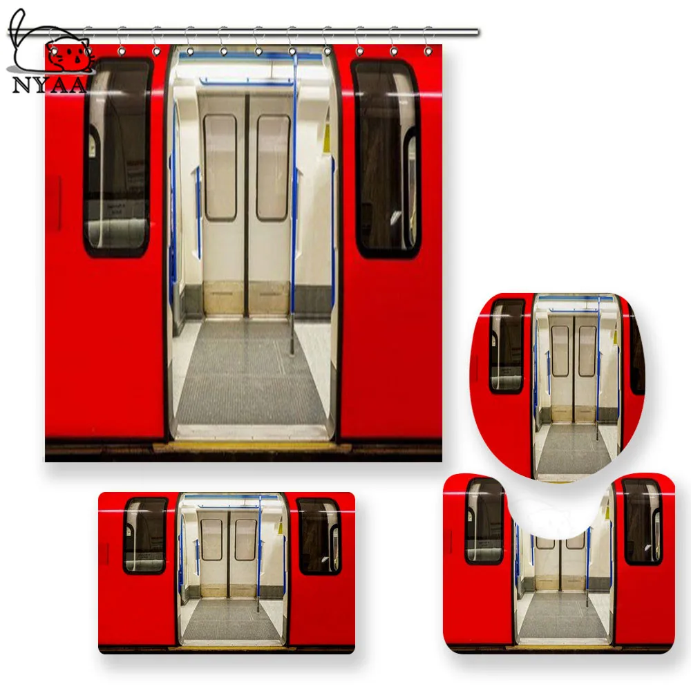 

NYAA 4 Pcs London Underground Tube Station Shower Curtain Pedestal Rug Lid Toilet Cover Mat Bath Mat Set For Bathroom Decor