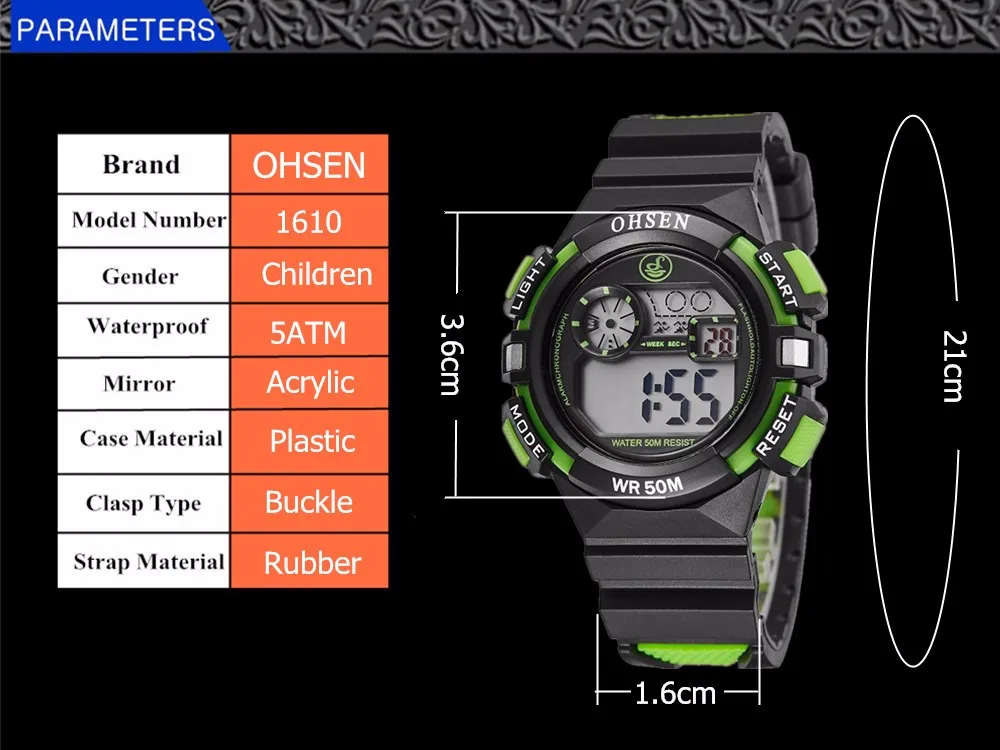 2016 Ohsen цифровой бренд ЖК дисплей дети обувь для мальчиков модные наручные часы зеленый каучуковый ремешок 50 м водонепрони