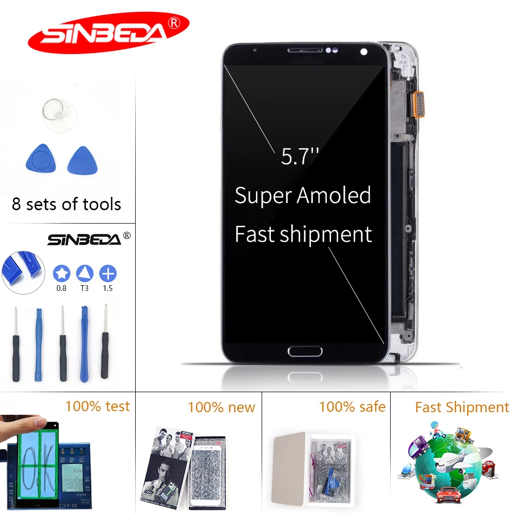 

5.7"Sinbeda Super Amoled For SAMSUNG GALAXY Note 3 LCD Display Touch Screen Digitizer Frame N9005 N900A N900T for Note 3 Display