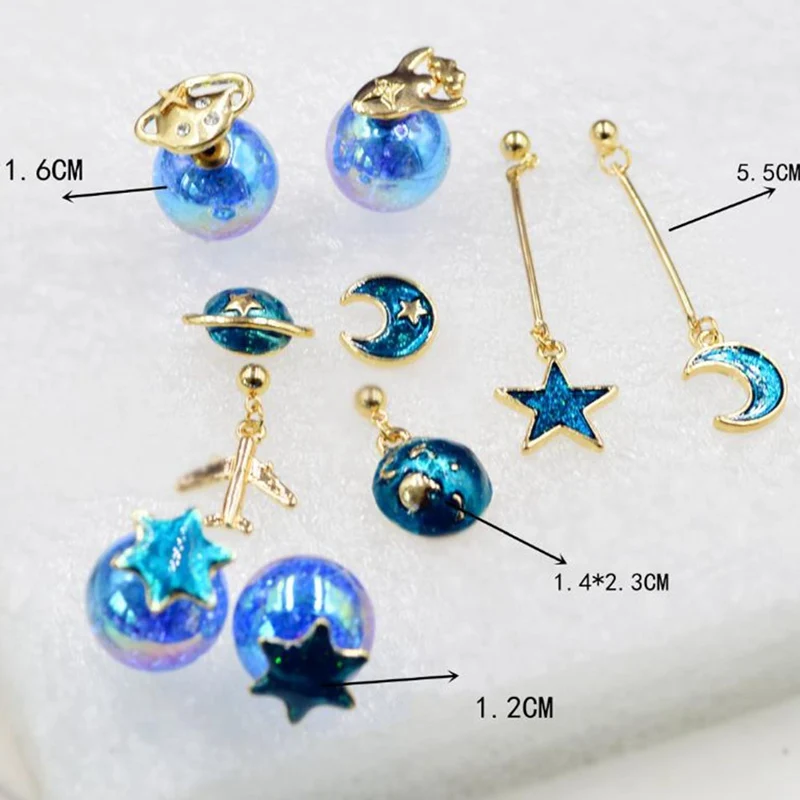 

2019 New Korean Japan Lovely Blue Universe Planet Star Moon Rocket Aircraft Stud Earrings for Women Girl Gift