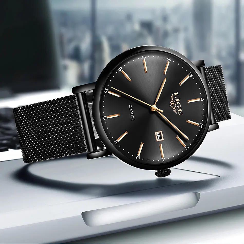 LIGE мужские s часы лучший бренд класса люкс спортивные часы тонкие сетчатые Дата водонепроницаемые кварцевые часы для мужчин синие часы Relogio Masculino+ коробка