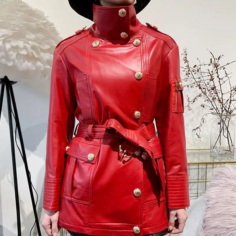Женская тонкая Байкерская байкерская куртка средней длины из натуральной кожи с регулируемой талией, верхняя одежда из овчины, пальто размера плюс, Chaqueta Mujer - Цвет: red