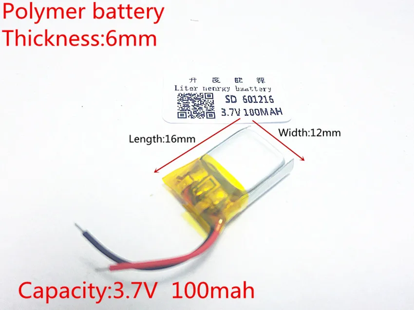 

3.7V 100mAh 601216 Lithium Polymer LiPo Rechargeable Battery ion cells For Mp3 Mp4 Mp5 DIY PAD DVD E-book headset