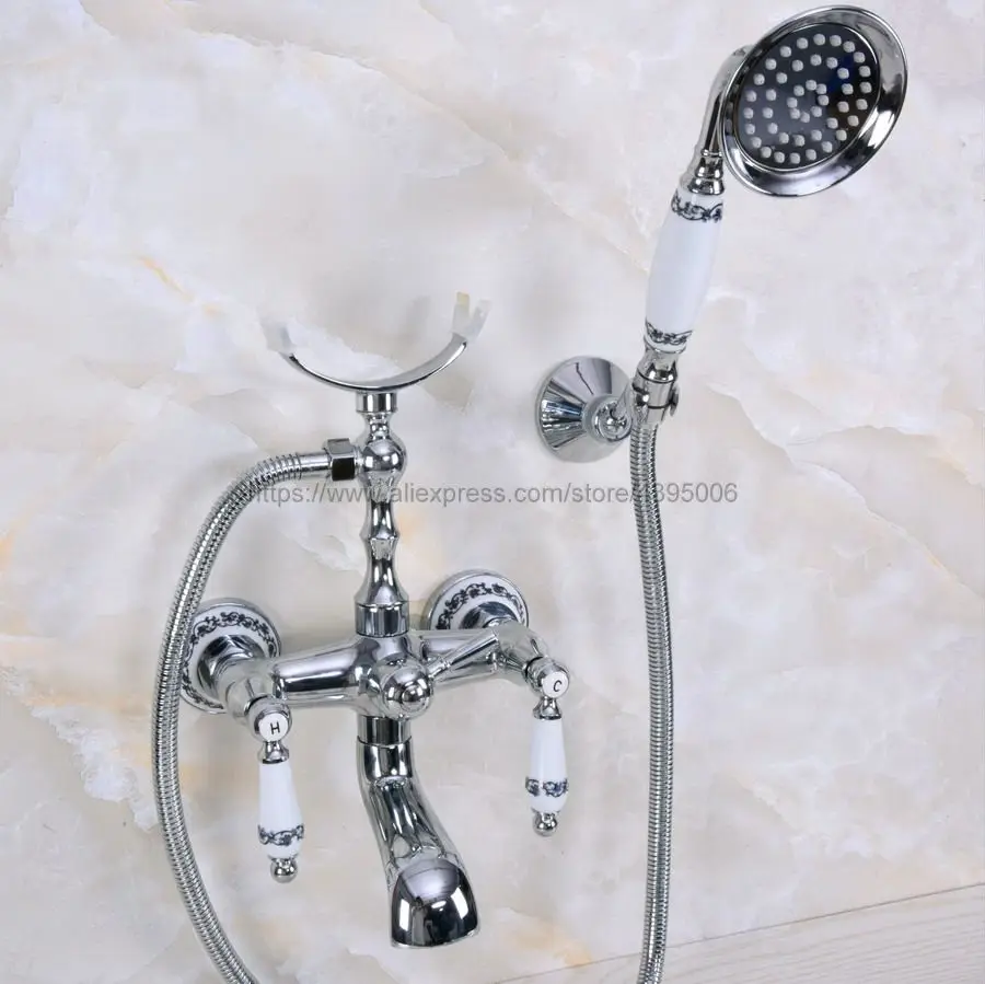 

Polished Chrome Bathroom Dual Ceramic Handles Bathtub Mixer Faucet Clawfoot Tub Mixer Tap with Handshower Bna242